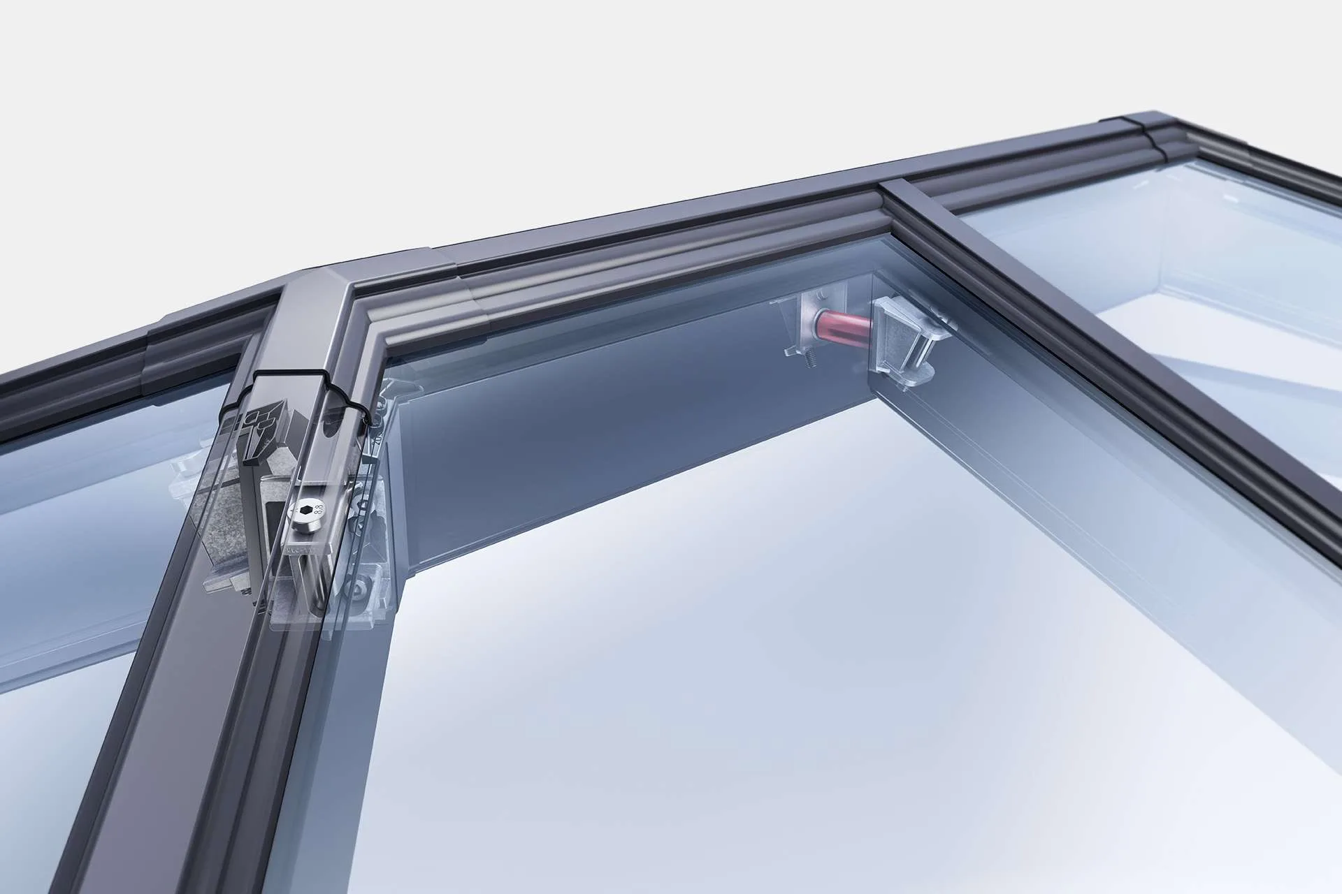 Digital illustration of a Korniche Roof Lantern with its diecast components disassembled. The detailed view showcases the precise engineering and craftsmanship that provide superior weather resistance, thermal performance, low maintenance, and a visually striking design.