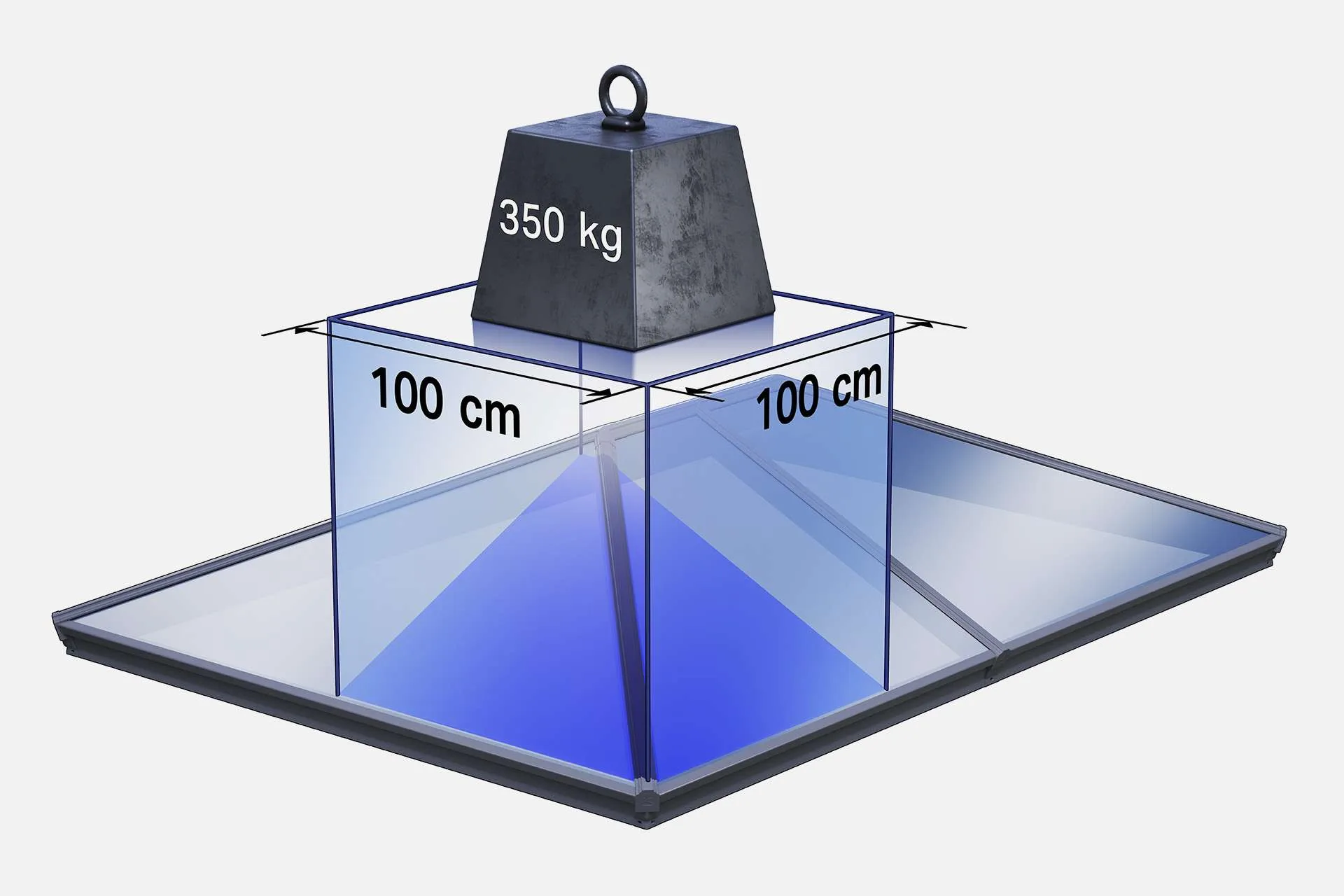 Digital illustration showcasing the strength of a Korniche Roof Lantern. A weight of 350kg is placed on a 100cm x 100cm area, demonstrating its ability to support industry-leading maximum glass sizes without additional rafters.