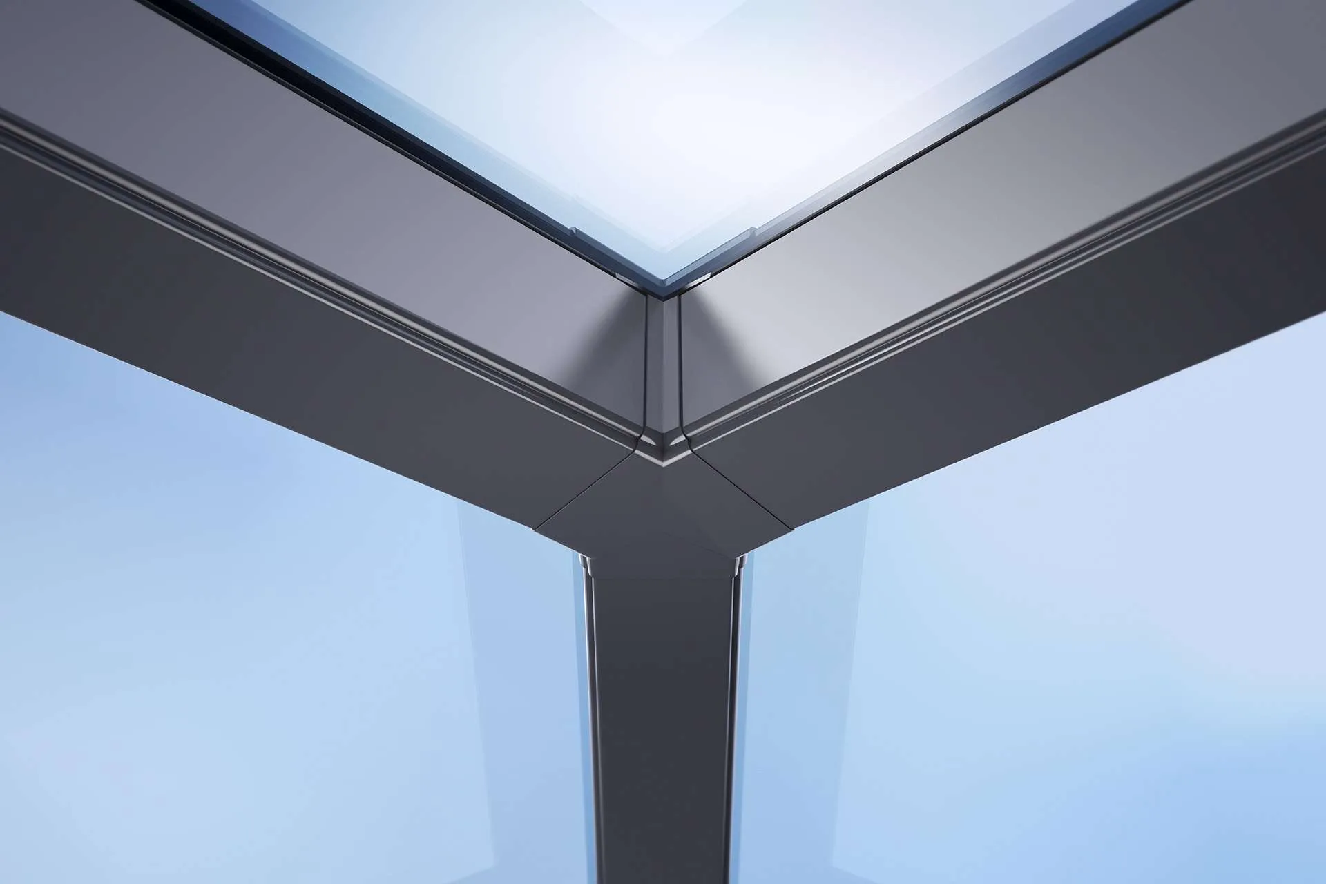 Korniche Roof Lantern's underside, showcasing its seamless joints and concealed fixings. This innovative design creates a clean, minimalist aesthetic that enhances the overall look and feel of your living space.
