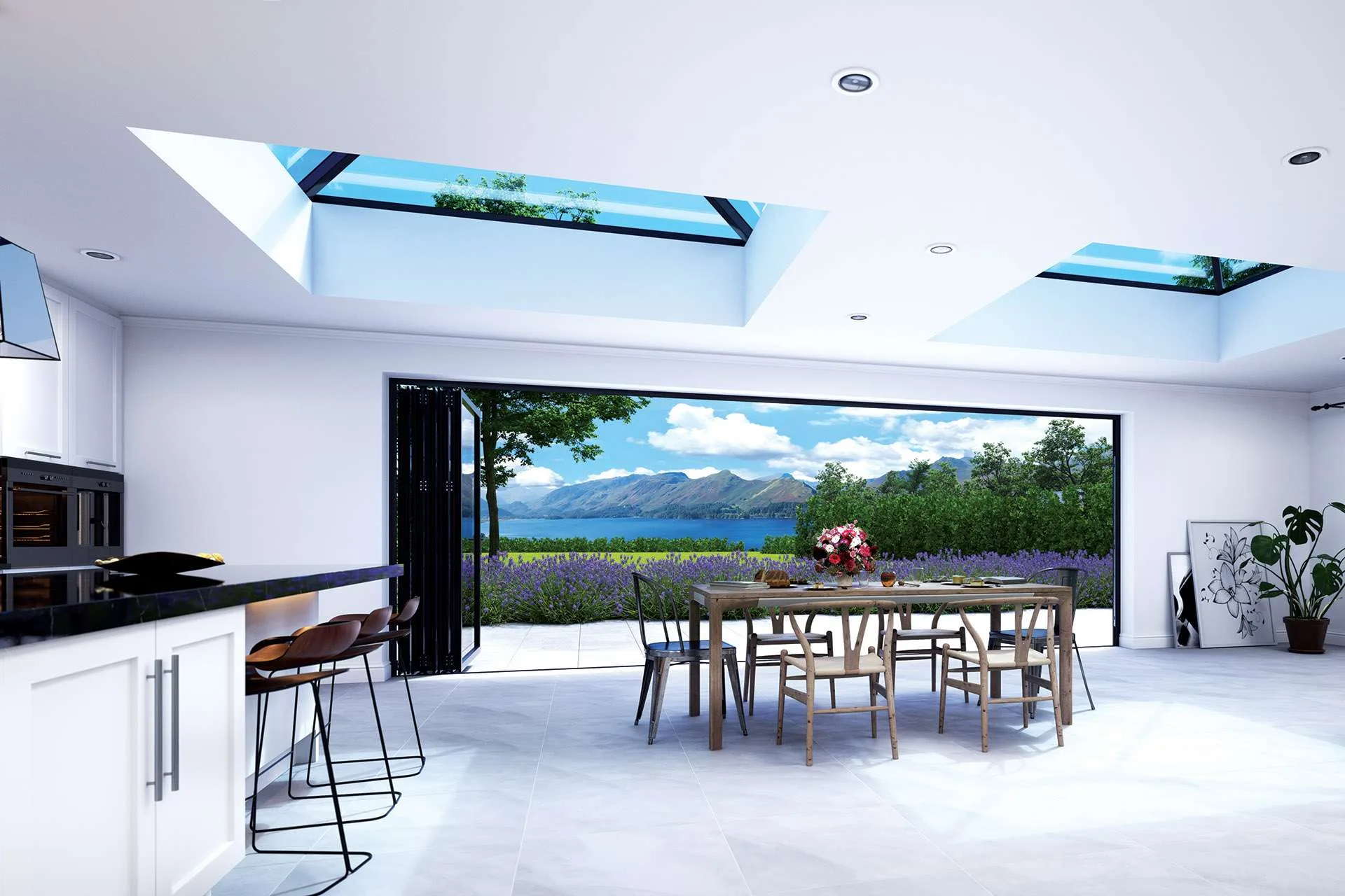 igital illustration showcasing a living space bathed in natural light from a Korniche Roof Lantern. The image highlights the lantern’s seamless design, featuring a sculpted aluminum die-cast end cap for a flawless aesthetic.